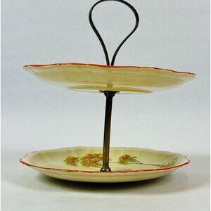 Vintage Paradiso Two-Tier Cake Stand With Countryside Scene - Ceramic Metal Hand